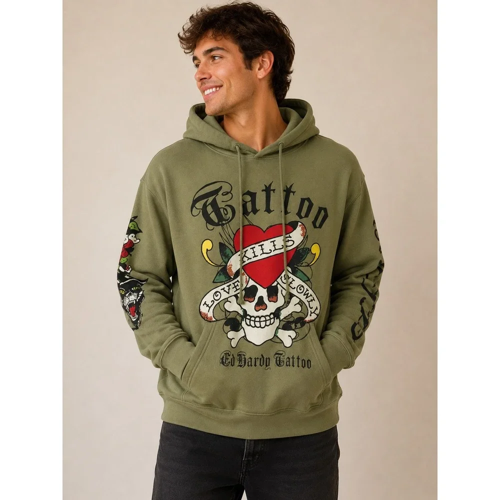 Ed‎ Hardy Mens Love Kills Slowly Tattoo Hoodie Olive Green Skull Graphic L Retro